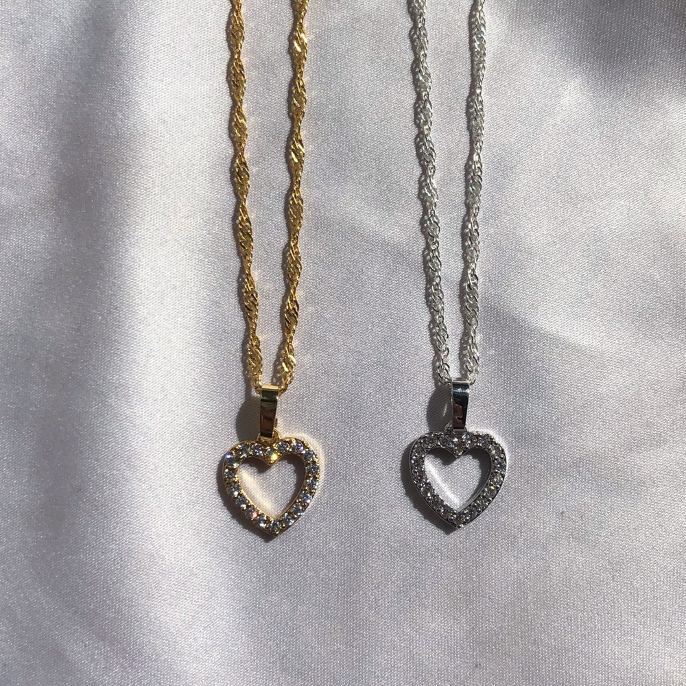 Silver & Gold Heart Crystal Diamond Necklaces SET